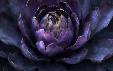 A macro shot capturing the intricate details and mesmerizing purple hues of an artichoke bloom