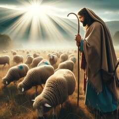 Shepherd Jesus Christ leading the sheep and praying to God and in the field bright sunlight.