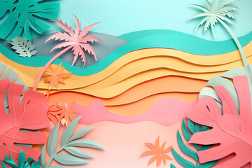 Fototapeta na wymiar Abstract colorful beach background with tropical leaves. Summer, paper art concept. Copy space