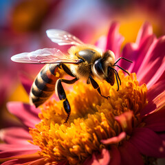 A close-up of a bee pollinating a vibrant flower. 