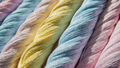 close up of colorful fabric threads pattern in soft summer pastels pink lavender yellow and light...