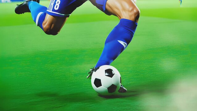 a football player's foot kicks the ball
