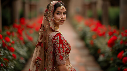 Fototapeta premium Lehenga Luxe: The Bride Velvet Ensemble with Dabka Elegance