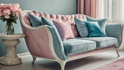 sofa featuring a contemporary puff design in a pastel color scheme with a blend of soft pink and blue with a subtle elegant shape