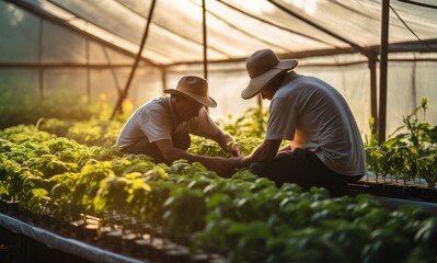 Amidst lush greenery, two agricultural workers engage in a serious discussion over plant care in a radiant greenhouse - obrazy, fototapety, plakaty