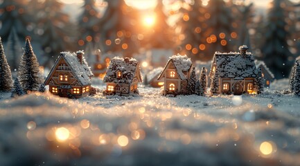 A serene miniature snowy village scene during golden hour, with the warm light of the setting sun...