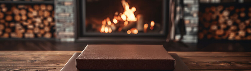Empty product podium with chocolate brown square leather texture classic against a cozy fireplace