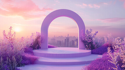 Empty product podium with lavender lilac arch matte paint whimsical set against a twilight cityscape - obrazy, fototapety, plakaty