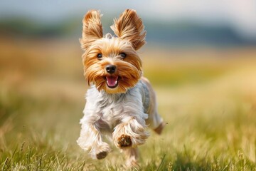 A cute playful dog runs among the grass. A pet on a walk.