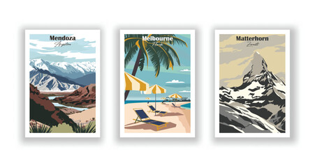 Matterhorn, Zermatt. Melbourne, Florida. Mendoza, Argentina - Set of 3 Vintage Travel Posters. Vector illustration. High Quality Prints