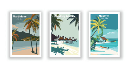 Maldives Islands, Maldives. Maldives, South Asia. Martinique, Caribbean - Set of 3 Vintage Travel Posters. Vector illustration. High Quality Prints