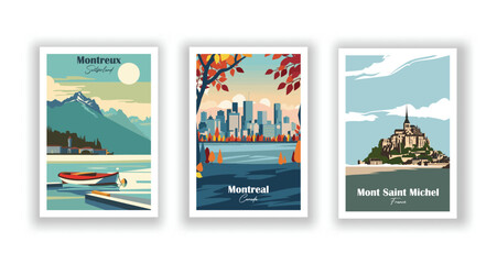 Mont Saint Michel, France. Montreal, Canada. Montreux, Switzerland - Set of 3 Vintage Travel Posters. Vector illustration. High Quality Prints