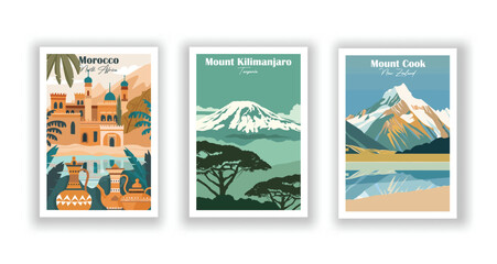 Morocco, North Africa. Mount Kilimanjaro, Tanzania. Mount Cook, New Zealand - Set of 3 Vintage Travel Posters. Vector illustration. High Quality Prints - obrazy, fototapety, plakaty