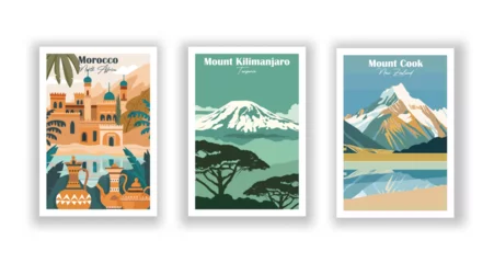 Keuken spatwand met foto Morocco, North Africa. Mount Kilimanjaro, Tanzania. Mount Cook, New Zealand - Set of 3 Vintage Travel Posters. Vector illustration. High Quality Prints © ImageDesigner