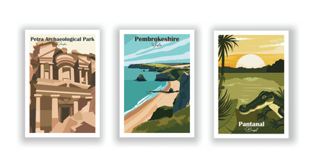 Pantanal, Brazil. Pembrokeshire, Wales. Petra Archaeological Park, Jordan - Set of 3 Vintage Travel Posters. Vector illustration. High Quality Prints