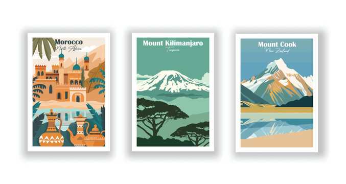 Morocco, North Africa. Mount Kilimanjaro, Tanzania. Mount Cook, New Zealand - Set of 3 Vintage Travel Posters. Vector illustration. High Quality Prints