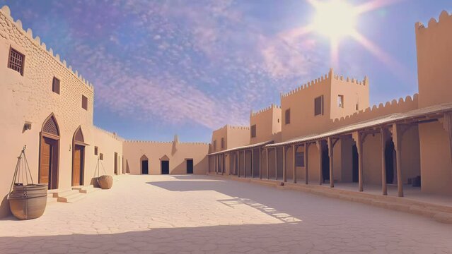 old Arabian heritage buildings with a bright sky 
