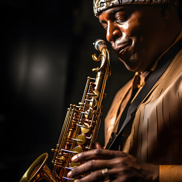 A close-up of a musician playing a saxophone. 