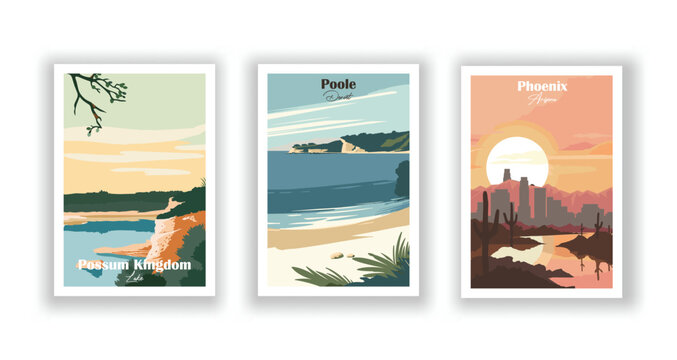 Phoenix City in Arizona. Poole, Dorset. Possum Kingdom, Lake - Set of 3 Vintage Travel Posters. Vector illustration. High Quality Prints