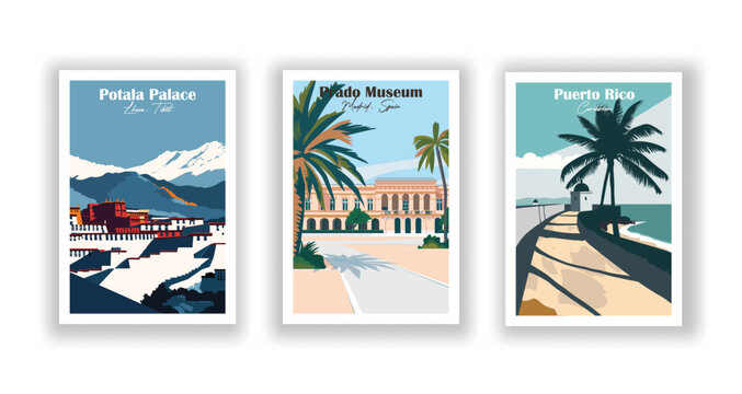 Potala Palace, Lhasa, Tibet. Prado Museum, Madrid, Spain. Puerto Rico, Caribbean - Set of 3 Vintage Travel Posters. Vector illustration. High Quality Prints