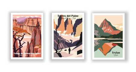 Torres del Paine National Park, Chile. Tryfan, Wales. Tsingy de Bemaraha Strict Nature Reserve, Madagascar - Set of 3 Vintage Travel Posters. Vector illustration. High Quality Prints