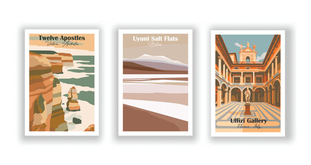 Uyuni Salt Flats, Bolivia. Uffizi Gallery, Florence, Italy. Twelve Apostles, Victoria, Australia - Set of 3 Vintage Travel Posters. Vector illustration. High Quality Prints