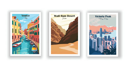 Venice, Italy. Victoria Peak, Hong Kong. Wadi Rum Desert, Jordan - Set of 3 Vintage Travel Posters. Vector illustration. High Quality Prints