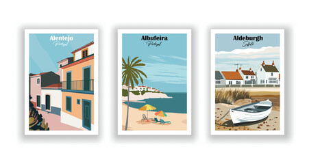 Albufeira, Portugal. Aldeburgh, Suffolk. Alentejo, Portugal - Set of 3 Vintage Travel Posters. Vector illustration. High Quality Prints