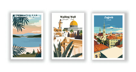 Wailing Wall, Jerusalem, Israel. Whitsunday Islands, Australia. Zagreb, Croatia - Set of 3 Vintage Travel Posters. Vector illustration. High Quality Prints