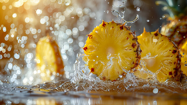 Fresh red pineapple slices falling in water - AI Generated