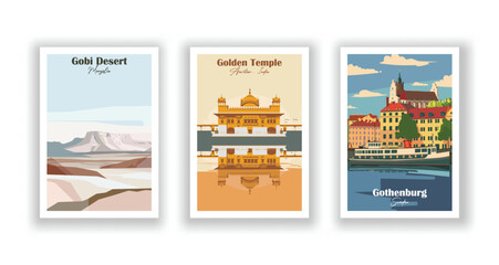 Gobi Desert, Mongolia. Golden Temple, Amritsar, India. Gothenburg, Sweden - Set of 3 Vintage Travel Posters. Vector illustration. High Quality Prints - obrazy, fototapety, plakaty