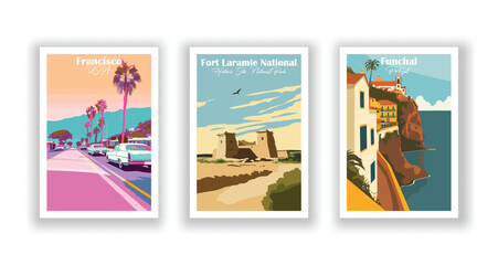 Fort Laramie National Historic Site, National Park. Francisco, USA. Funchal, Portugal - Set of 3 Vintage Travel Posters. Vector illustration. High Quality Prints