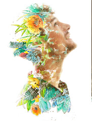 A symbolic double exposure paintography of a man's profile