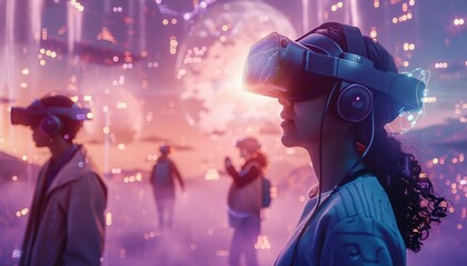 Virtual Reality and Augmented Reality Experiences, virtual reality and augmented reality experiences in a digital society with an image showing people immersed in VR simulations, AI