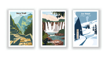 Ice Hotel, Jukkasjärvi, Sweden. Iguazu Falls, Argentina. Inca Trail, Peru - Set of 3 Vintage Travel Posters. Vector illustration. High Quality Prints