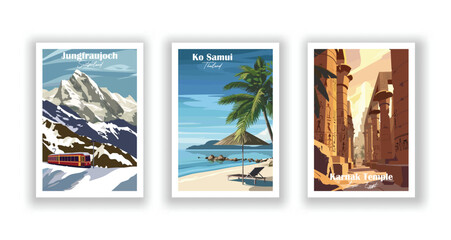 Jungfraujoch, Switzerland. Karnak Temple, Luxor, Egypt. Ko Samui, Thailand - Set of 3 Vintage Travel Posters. Vector illustration. High Quality Prints