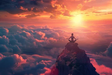 Fotobehang Vibrant and energetic woman practicing yoga on a mountain peak during a beautiful sunset © ant