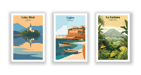 La Fortuna, Costa Rica. Lagos, Portugal. Lake Bled, Slovenia - Set of 3 Vintage Travel Posters. Vector illustration. High Quality Prints