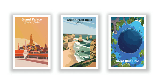 Grand Palace, Bangkok, Thailand. Great Blue Hole, Belize. Great Ocean Road, Australia - Set of 3 Vintage Travel Posters. Vector illustration. High Quality Prints