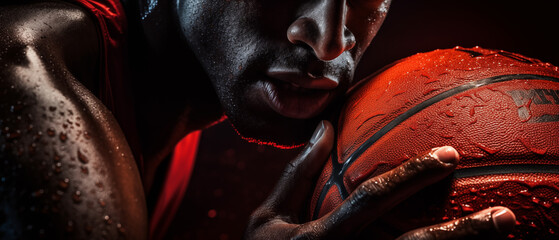 Close up front view shot of afro american male basketball player holding a ball in front of him over black background - Powered by Adobe