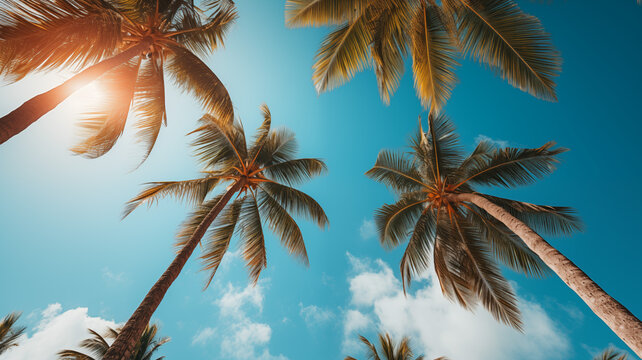Bottom view of coconut tree on clear blue sky. Summer and paradise beach concept. Tropical coconut palm tree. Summer vacation on the island. Coconut tree at resort by the tropical sea on sunny day.
