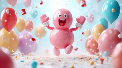 A cheerful cartoon pink character rubs against the background of festive balloons. The concept of the holiday. 3d illustration
