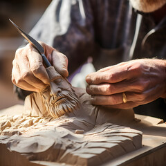A close-up of a sculptor carving a piece of stone. - obrazy, fototapety, plakaty