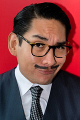 Eccentric Latin man wearing glasses making facial expression on the red background