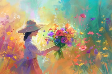 Mothers day celebration featuring a stylized mother figure receiving a bouquet of vibrant flowers.
