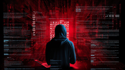 Computer Hacker in Hoodie. Obscured Dark Face. Hacker Attack, Virus Infected Software, Dark Web and...