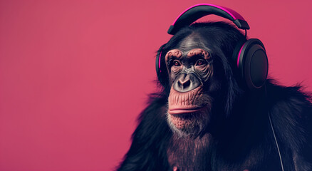 Chimpanzee with Headphones - obrazy, fototapety, plakaty