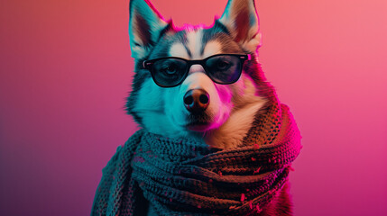 Husky in Sunglasses and Scarf