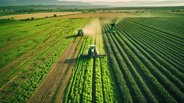 modern green john deere tractor works in a green farmland harvesting sugar beets. He is accompanied by a modern, yellow ROPA Tiger combine. View from a drone, realistic photo, center in the middle 