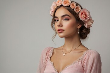 
Beautiful blonde woman with flower crown on her head in photography pose on light background